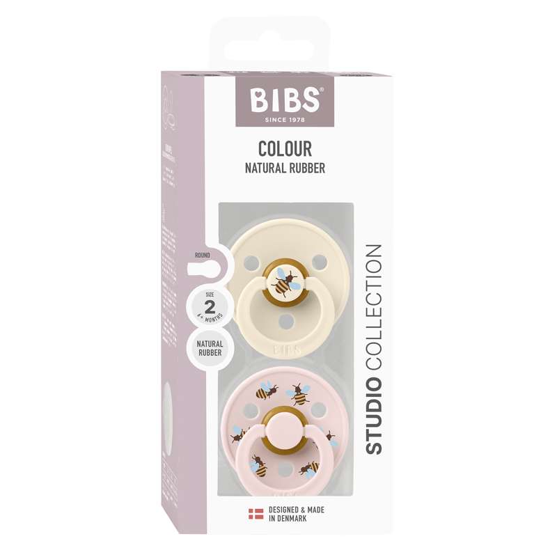 BIBS Rund Colour napp - 2-Pack - Str. 2 - Naturgummi - Bumblebee Studio - Ivory Mix