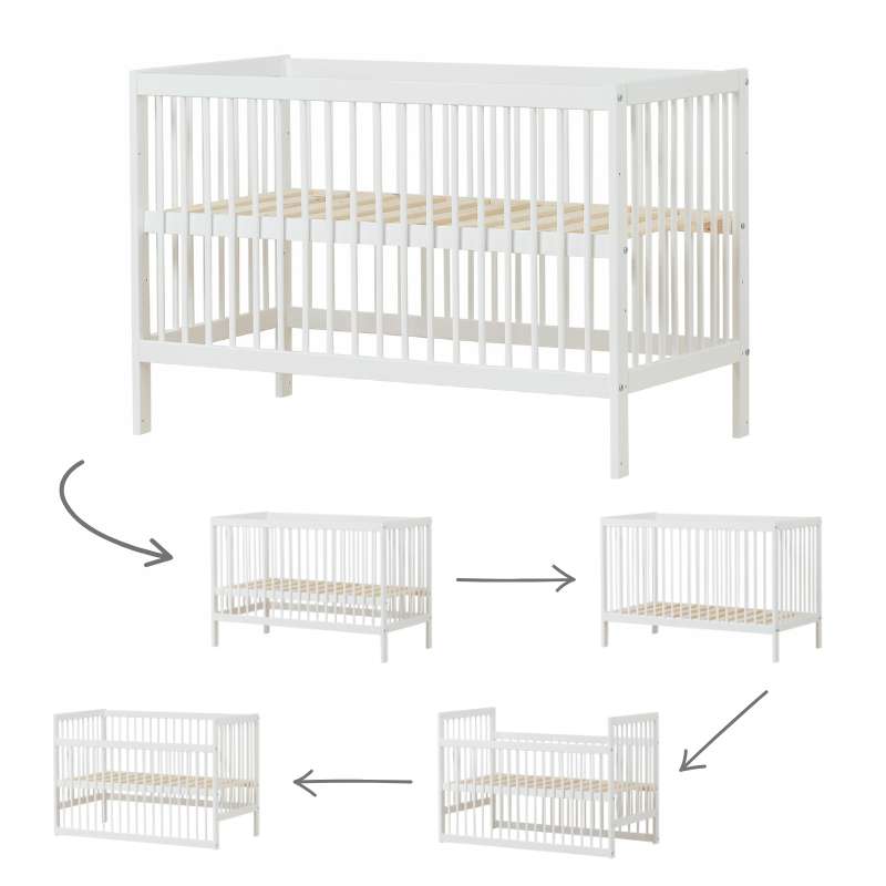 Hoppekids IDA-MARIE - Babysäng m. Skummadrass - Justerbar Höjd och Sidopanel - Vit