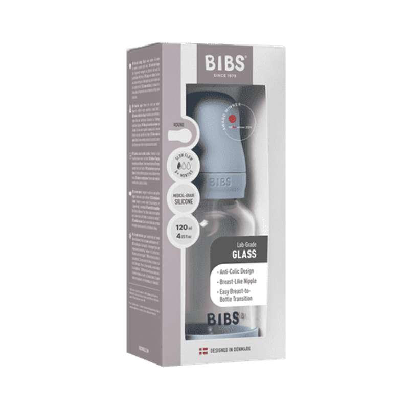 BIBS Flaska - Sutteflaskeset - Glas - Silikon/Långsam Flöde/Rund - 120 ml. - Baby Blue 