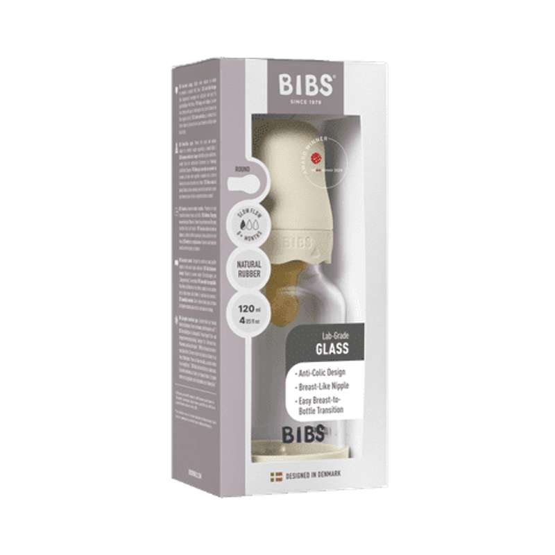 BIBS Bottle - Nappflaskset - Glas - Boheme - Naturgummi/Slow Flow/Rund - 120ml - Ivory