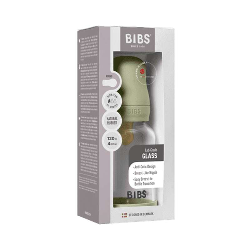 BIBS Bottle - Nappflaskset - Glas - Naturgummi/Slow Flow/Rund - 120ml - Sage