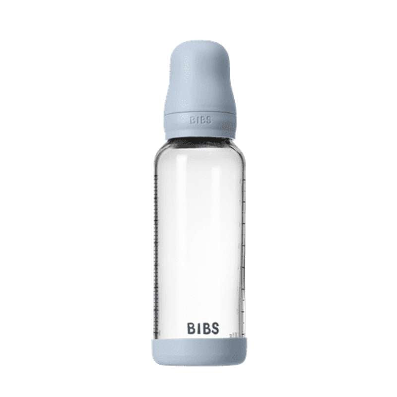 BIBS Bottle - nappflaskset - Glas - Naturgummi/Medium Flow/Rund - 240ml - Baby Blue