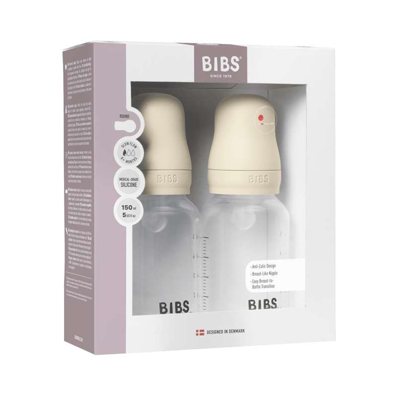 BIBS Bottle - Nappflaskset - Plast - Silikon/Slow Flow/Rund - 150ml - 2-Pack - Ivory