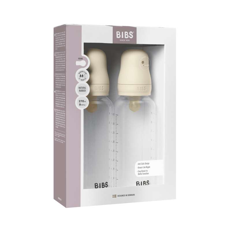 BIBS Bottle - Nappflaskset - Plast - Naturgummi/Medium Flow/Rund - 270ml - 2-Pack - Ivory
