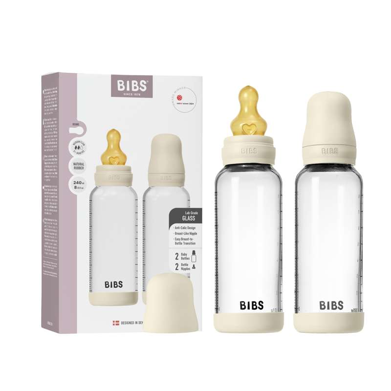 BIBS Bottle - Nappflaskset - Glas - 2-pack - Naturgummi/Medium Flow/Rund - 240ml - Ivory