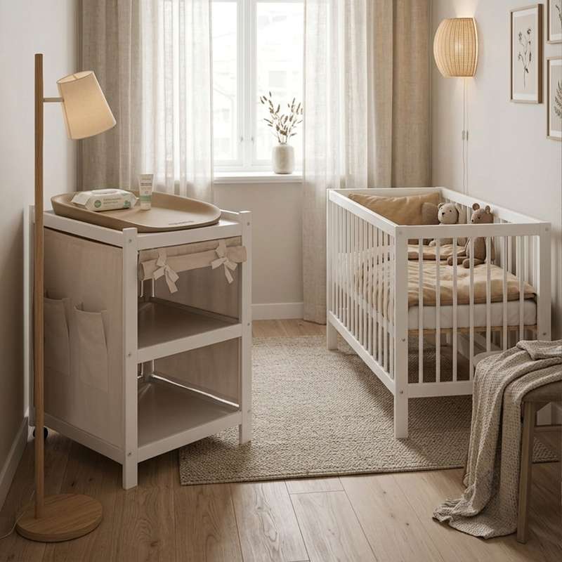 Hoppekids IDA-MARIE Bundle - Spjälsäng m. Linnemadrass och IDA-MARIE Skötbord m. Gardin - Sand