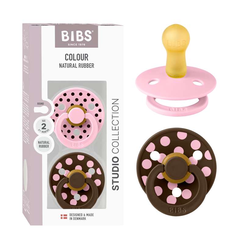 BIBS Rund Färg napp - 2-Pack - strl. 2 - naturgummi - Polka Studio - Baby Pink/Mocha 