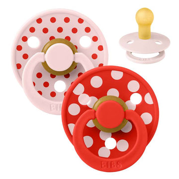 BIBS Rundfärgad napp - 2-Pack - strl. 1 - naturgummi - Polka Studio - Blossom/Candy Apple 