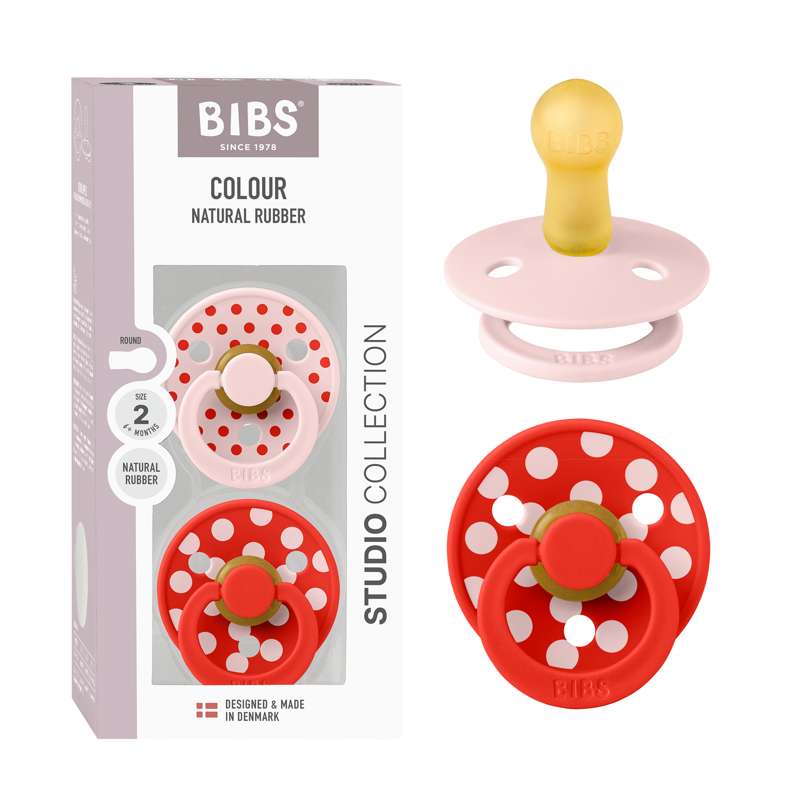 BIBS Rund Colour napp - 2-Pack - strl. 2 - naturgummi - Polka Studio - Blossom/Candy Apple 