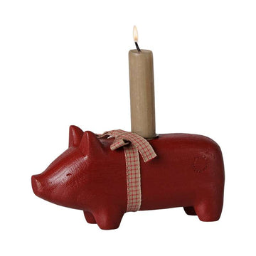 Maileg Ljusstake I Trä - Gris - Medium - Röd