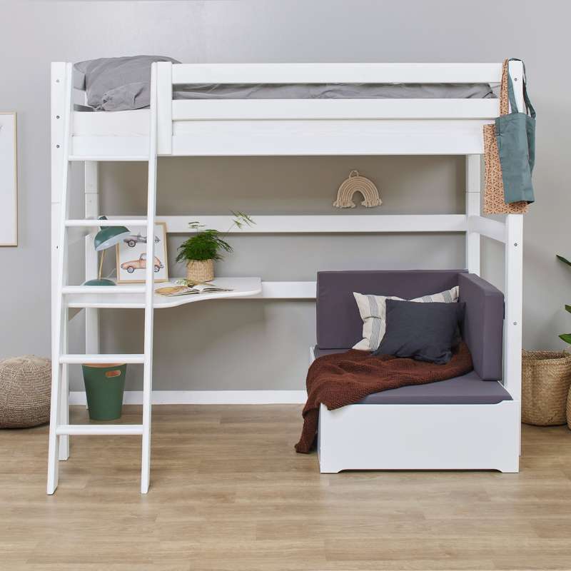 Hoppekids ECO Luxury - MEGA Säng m. Lounge Modul och Bordskiva - 90x200 cm. - Sned Stege - Vit 