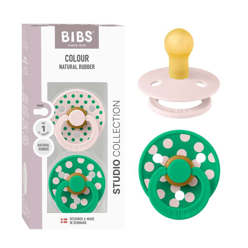 BIBS Rund färg napp - 2-pack - strl. 1 - naturgummi - Polka Studio - Petal/Cactus 