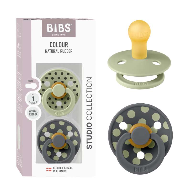 BIBS Rund färg napp - 2-pack - strl. 1 - naturgummi - Polka Studio - Sage/Iron 