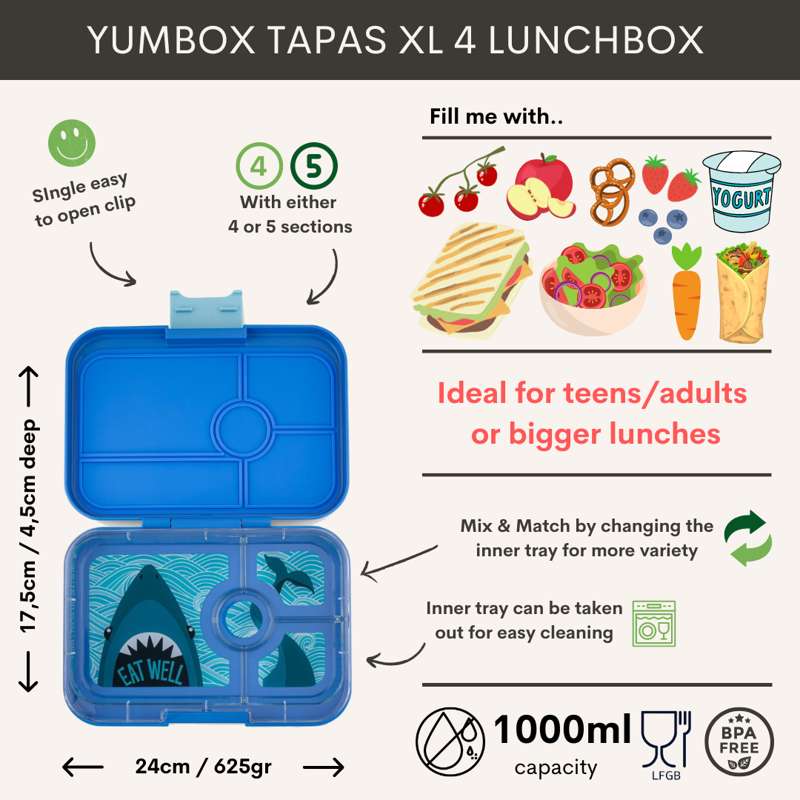 Yumbox Matlåda - Tapas XL - 4 rum - Monte Carlo Blue/Shark 